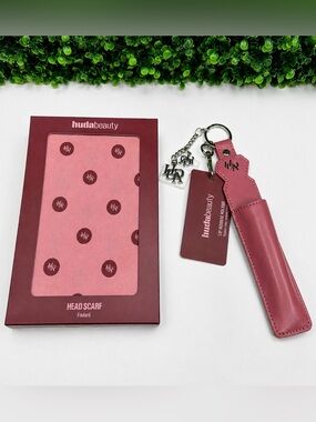Huda Beauty Pink Head Scarf & Lip Mousse Holder Set NWT